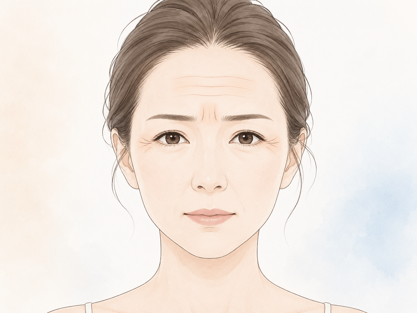 額・眉間・目尻の表情じわが生じる部位を示した女性の顔のイラスト