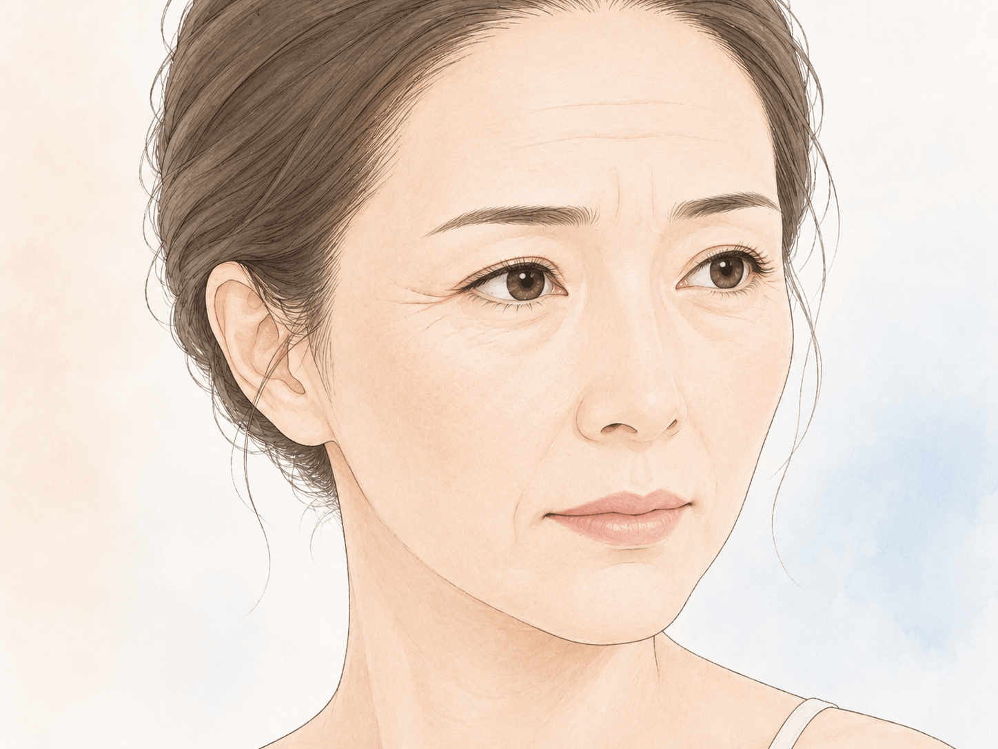 肌のハリ低下と小じわを示した女性の顔のイラスト