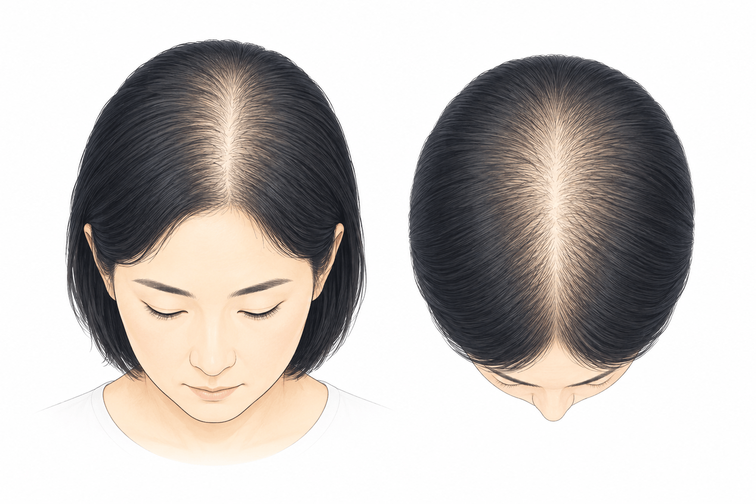 分け目や頭頂部を中心に徐々に毛髪の密度が低下するFAGAのイメージ
