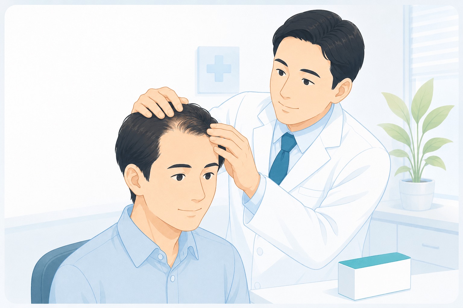 男性の頭皮と生え際を診察するAGA治療のイラスト