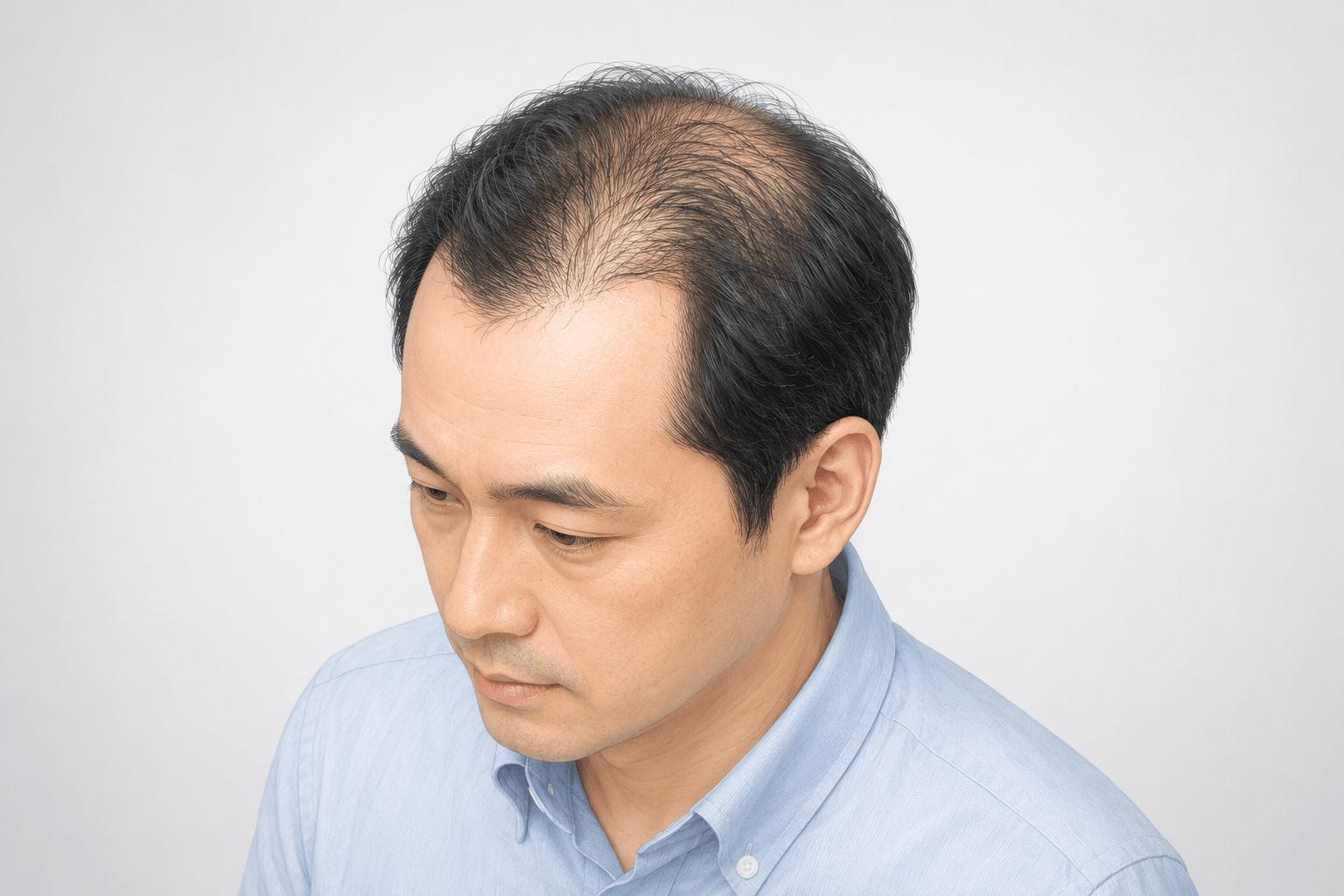 生え際の後退と頭頂部の薄毛がみられるAGAの男性