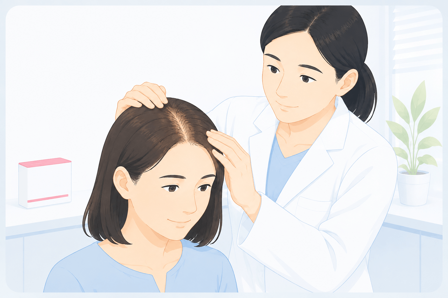 女性の分け目と頭頂部を診察するFAGA治療のイラスト