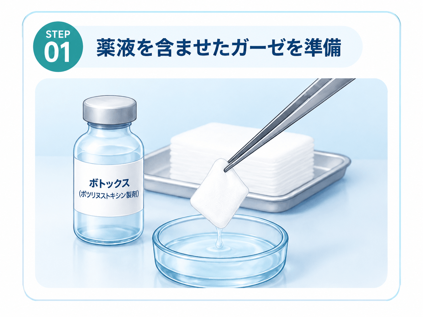 花粉症ボトックスで薬液を含ませたガーゼを準備する工程