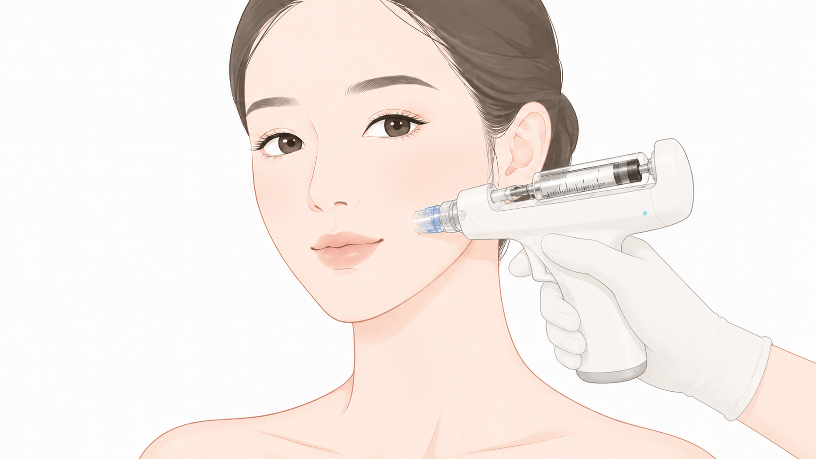 メソガンを使用して頬へ製剤を注入する水光注射のイラスト
