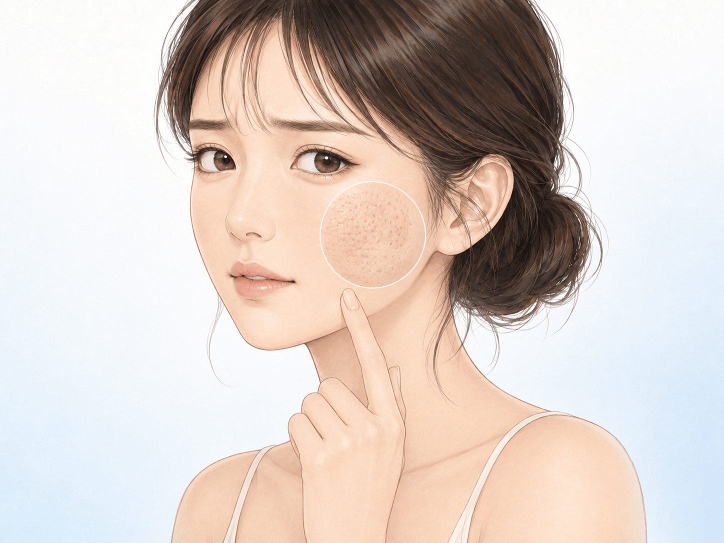頬の毛穴の開きと肌のざらつきを示した女性のイラスト