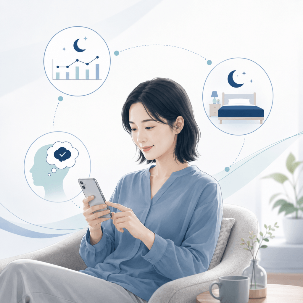 【精神科専門医解説】メドクル(Medcle)とは?不眠症治療アプリの効果・保険適用・費用・使い方 2 スマートフォンを使用して睡眠記録や睡眠習慣の改善に取り組むMedcleによるデジタル不眠治療のイメージ