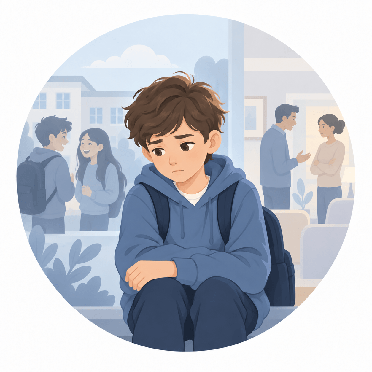 友人関係や家庭での悩みを抱える子どものイラスト