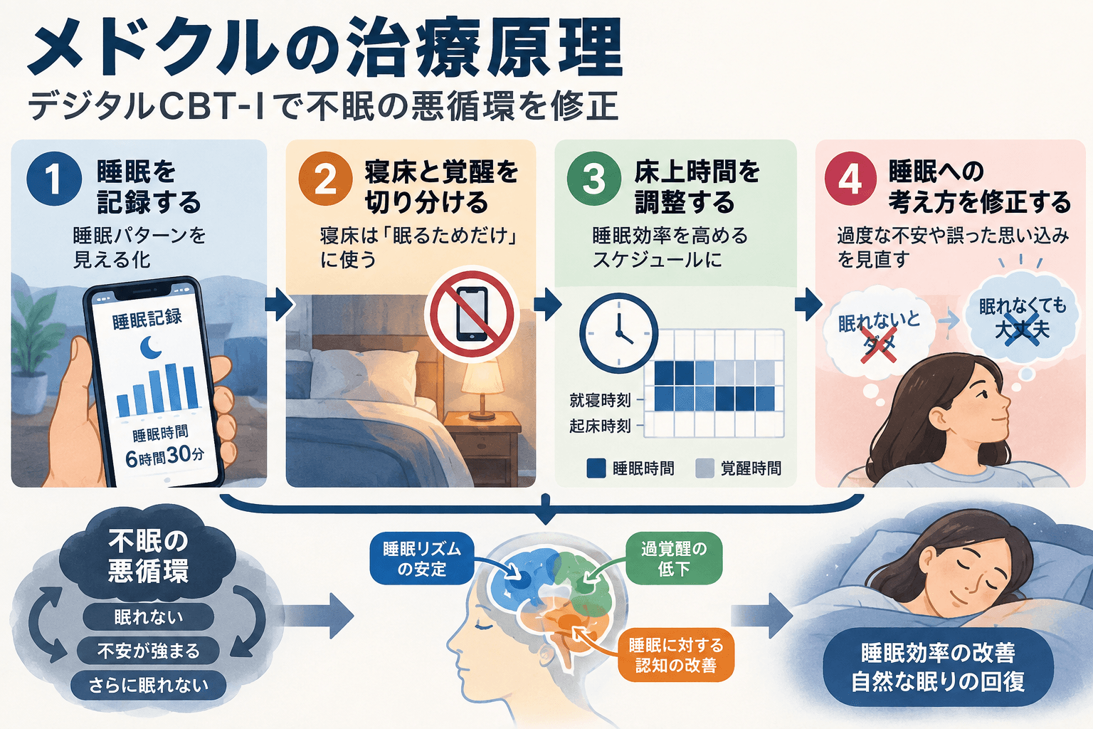【精神科専門医解説】メドクル(Medcle)とは?不眠症治療アプリの効果・保険適用・費用・使い方 3 メドクルの治療原理。睡眠記録、刺激制御、睡眠時間調整、認知修正によって不眠の悪循環を改善するデジタルCBT-I