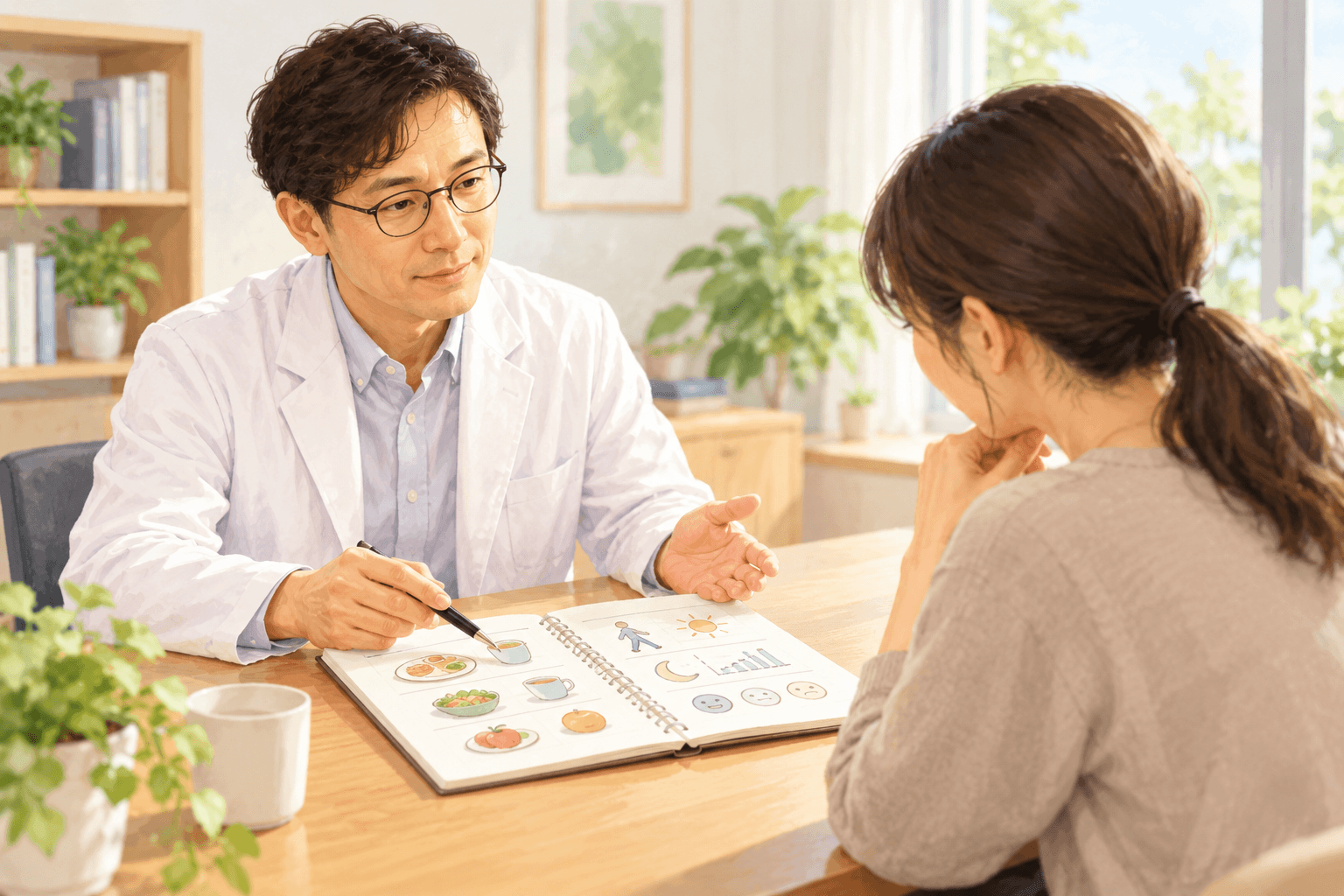 食事、身体活動、睡眠、気分など現在の生活パターンを整理するCBT-OB