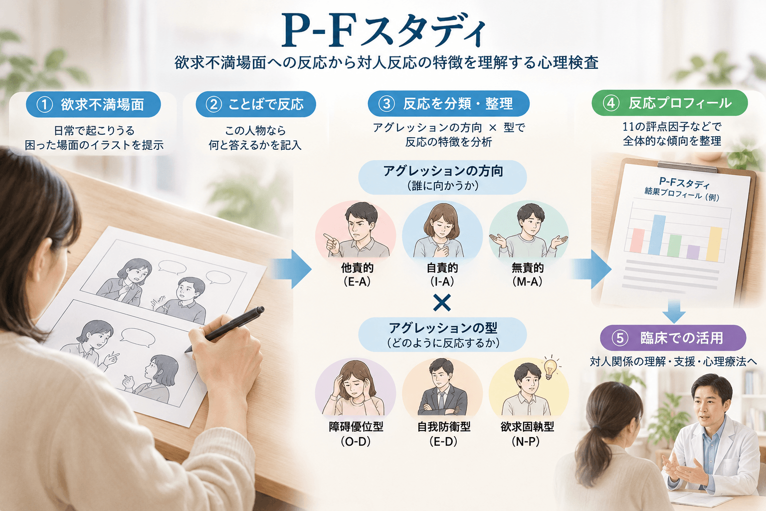 P-Fスタディの評価メカニズム。欲求不満場面への回答を、アグレッションの方向と型に分類し、反応プロフィールとして整理する流れ