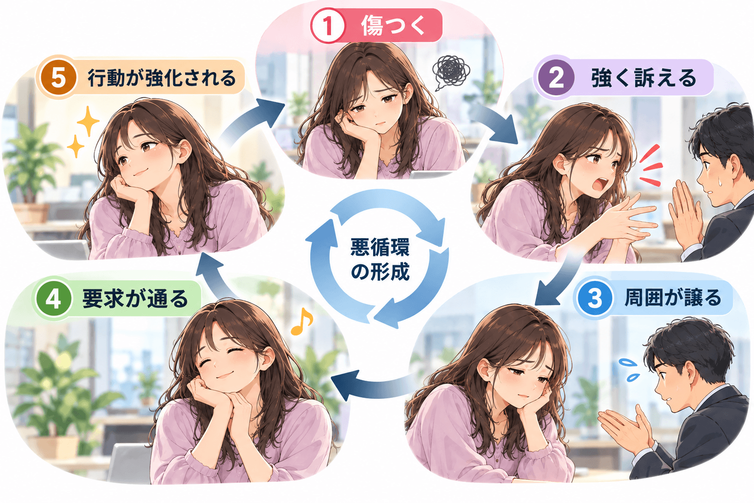 傷つきから強い訴え、周囲の譲歩を経て行動が強化される悪循環