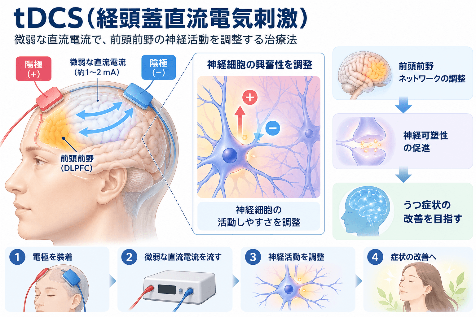 tDCS（経頭蓋直流電気刺激）の作用機序。微弱な直流電流によって前頭前野の神経活動を調整し、神経可塑性や前頭前野ネットワークへ働きかける