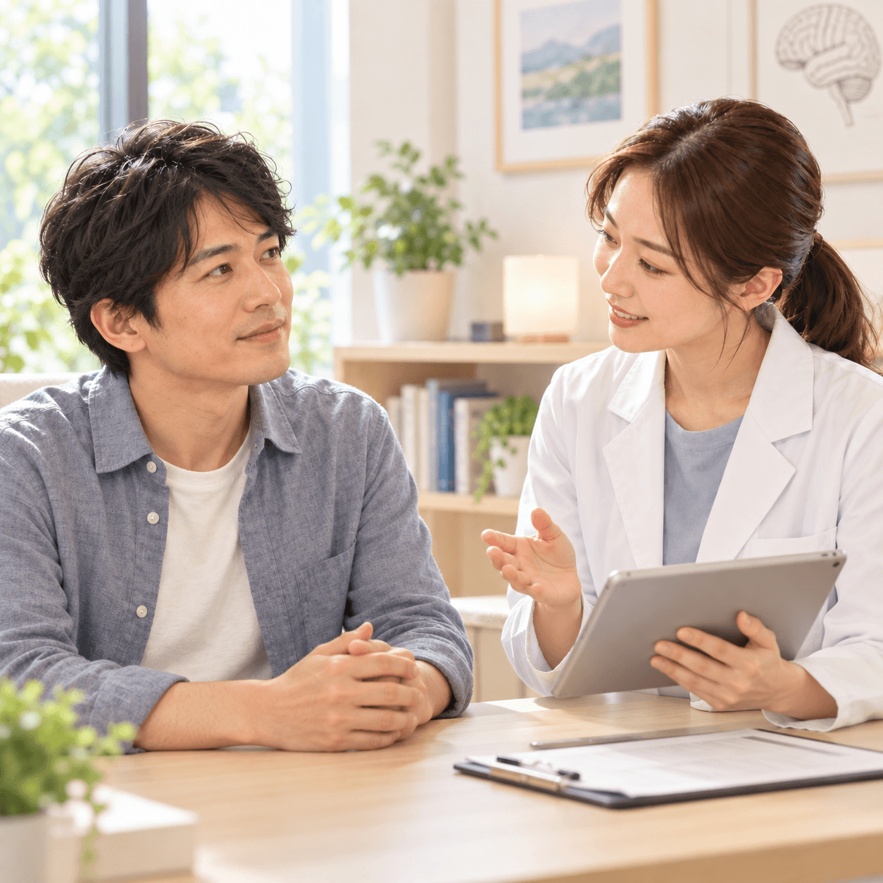 tDCS治療前に医師と相談する様子