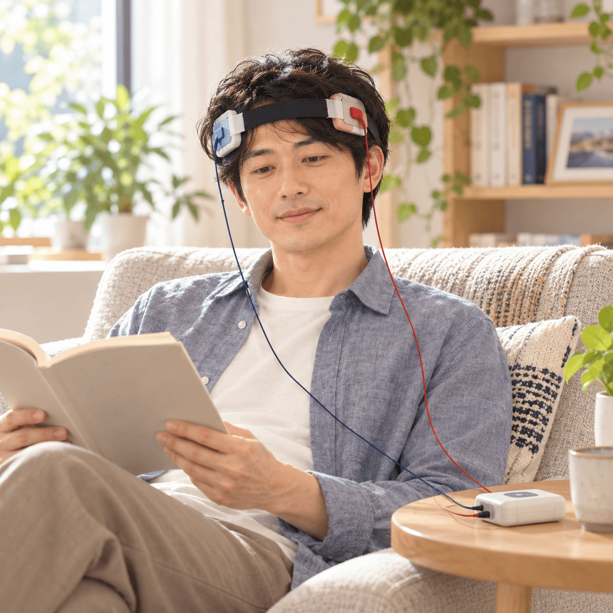 自宅でtDCS治療を行う様子