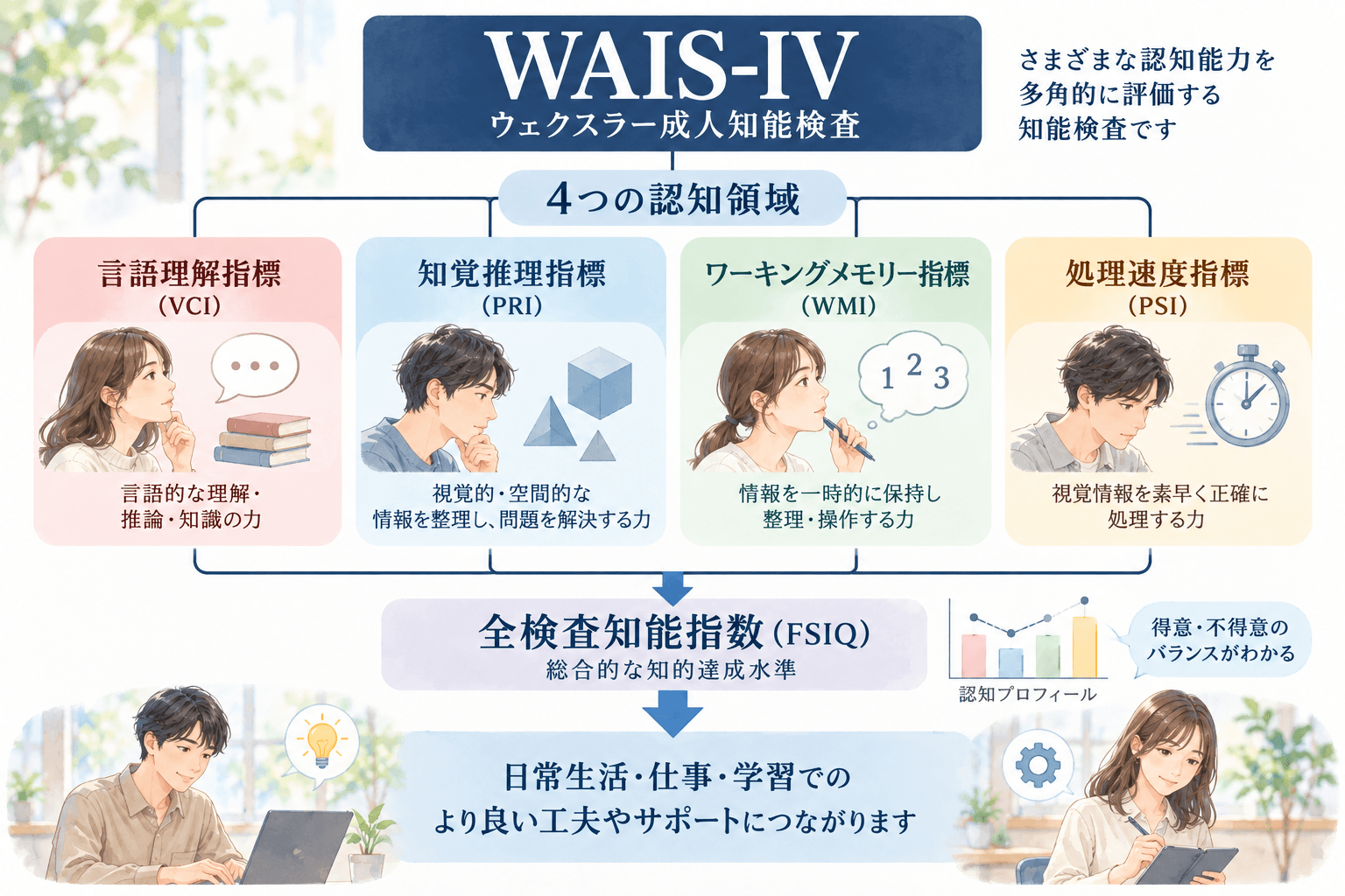 WAIS-IVの構造。言語理解、知覚推理、ワーキングメモリー、処理速度の4つの認知領域と全検査IQ、認知プロフィールの関係