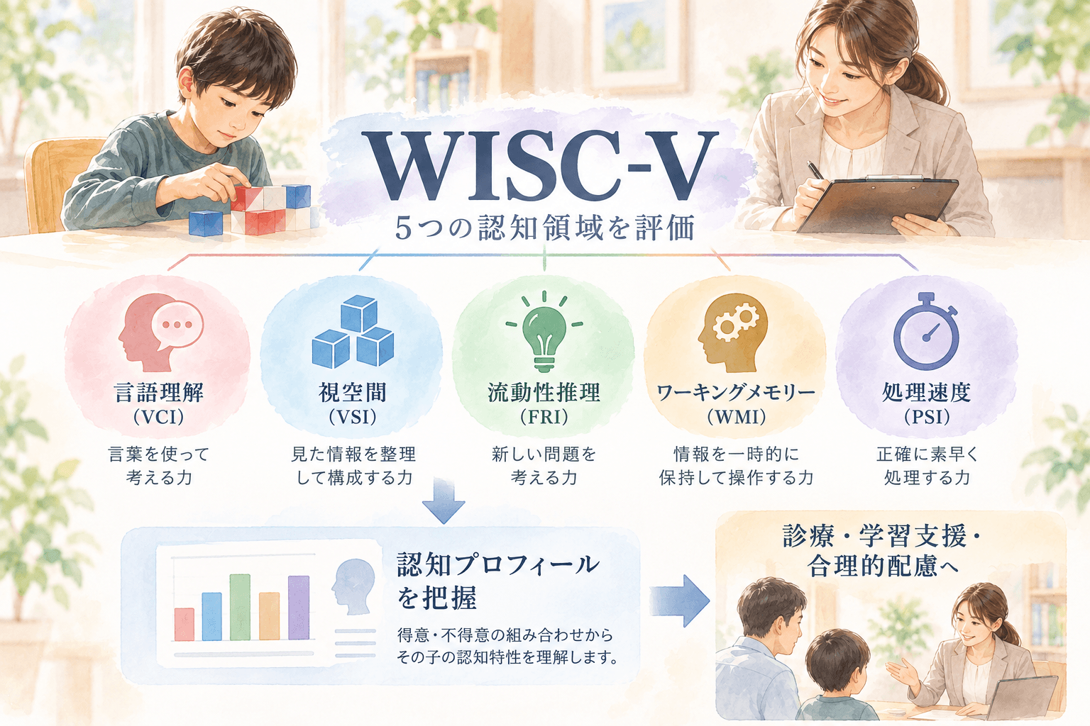 WISC-Vの言語理解、視空間、流動性推理、ワーキングメモリー、処理速度と認知プロフィール